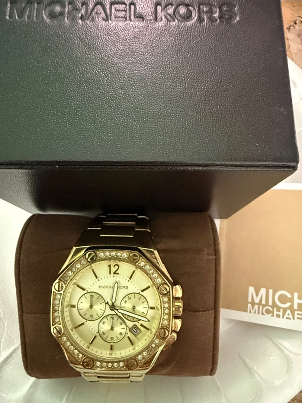 Michael Kors MK5505 Gold stainless steel pave’ Mens classic Chronograph Watch